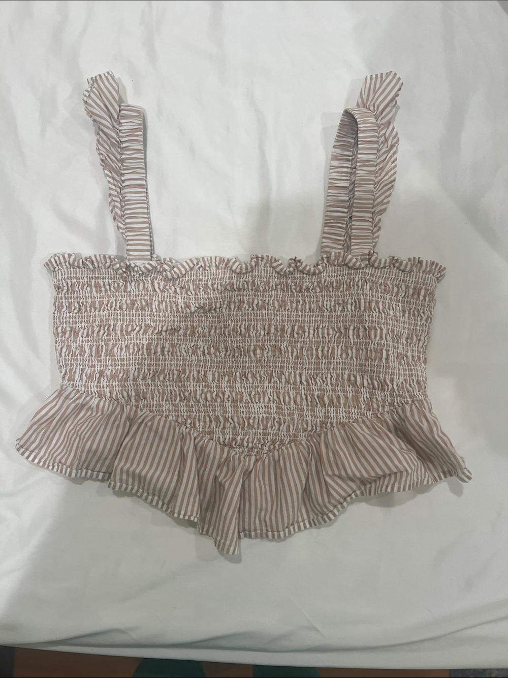American Eagle Outfitters Blush and White Striped Smocked Ruffle Crop Top